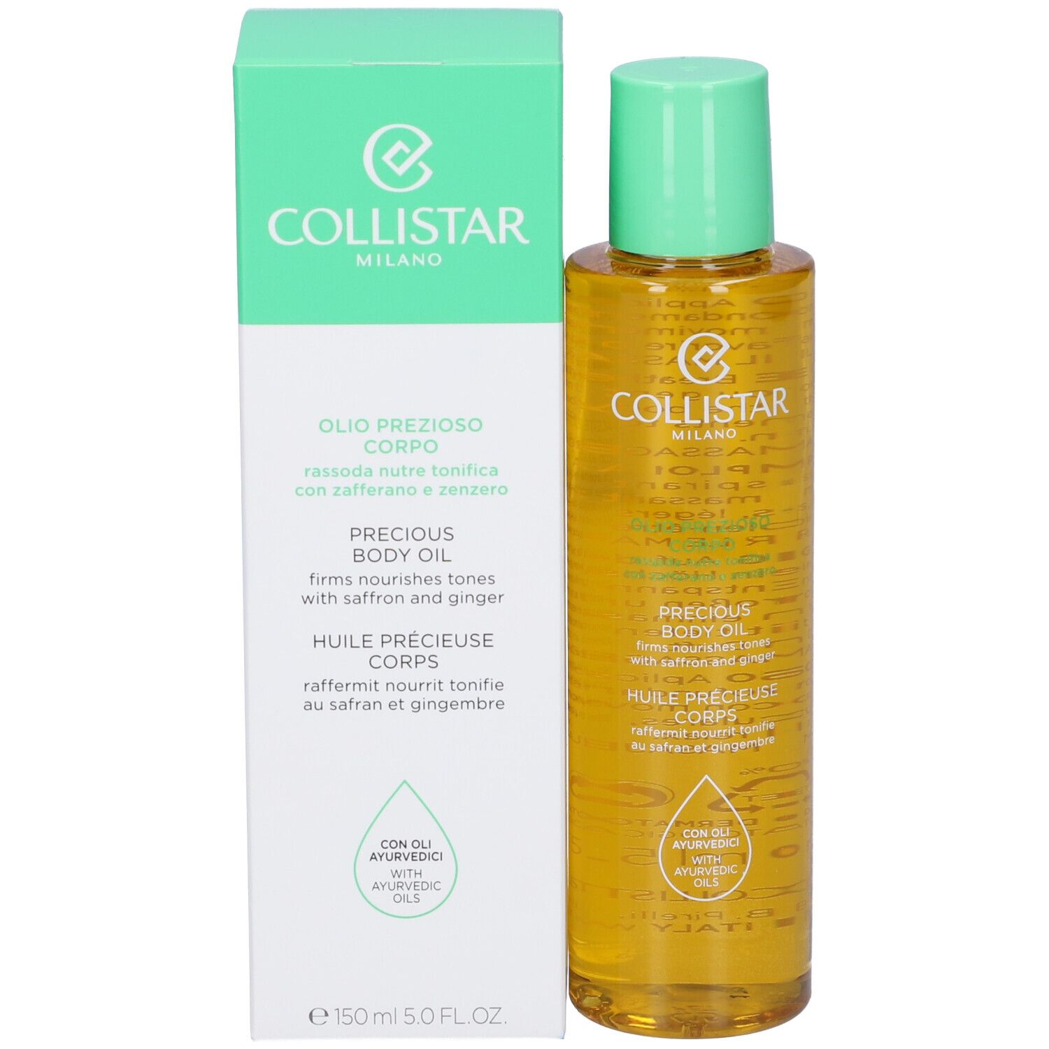 Flacone di olio corpo e scatola. Scritta: COLLISTAR MILANO, PRECIOUS BODY OIL. Con zafferano e zenzero.