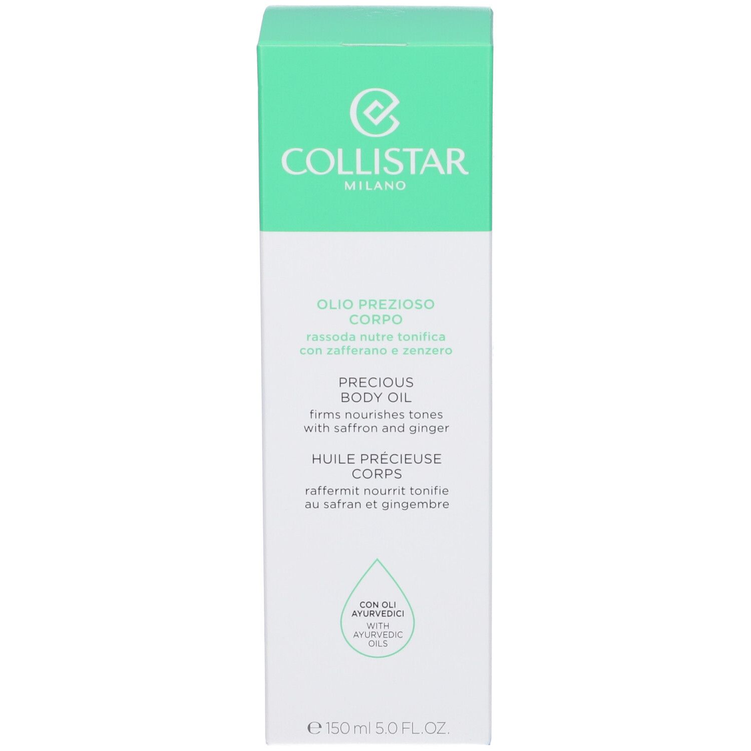 Scatola con scritta: COLLISTAR MILANO, PRECIOUS BODY OIL. Con zafferano e zenzero. 150 ml.