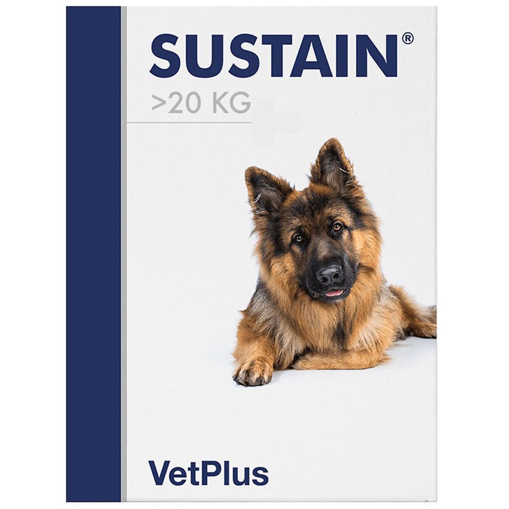 Confezione del prodotto Sustain. Scritta: Sustain, >20 KG, VetPlus. Immagine di un cane.