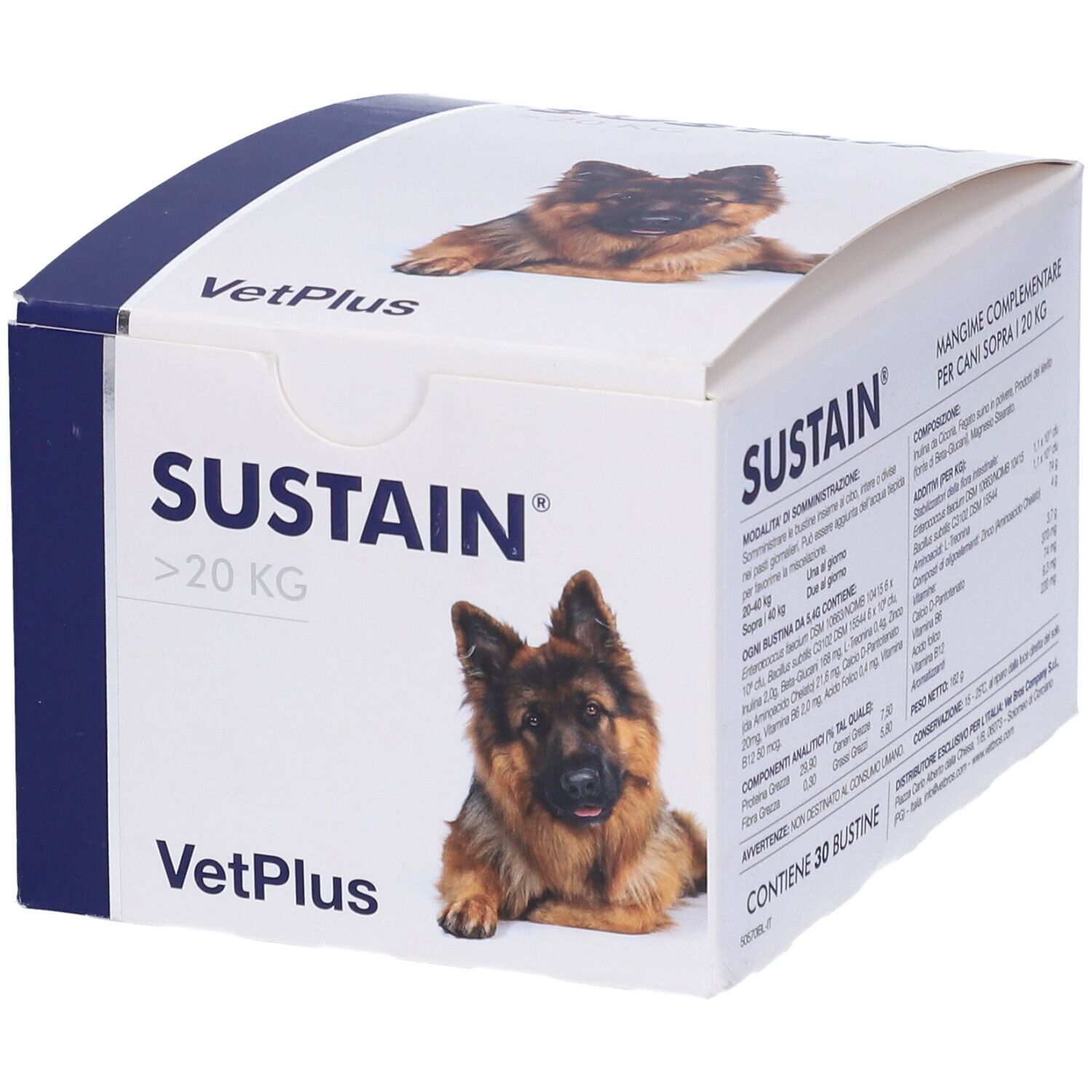 Confezione del prodotto Sustain. Scritta: Sustain, >20 KG, VetPlus. Immagine di un cane. Scatola con testo e cane.