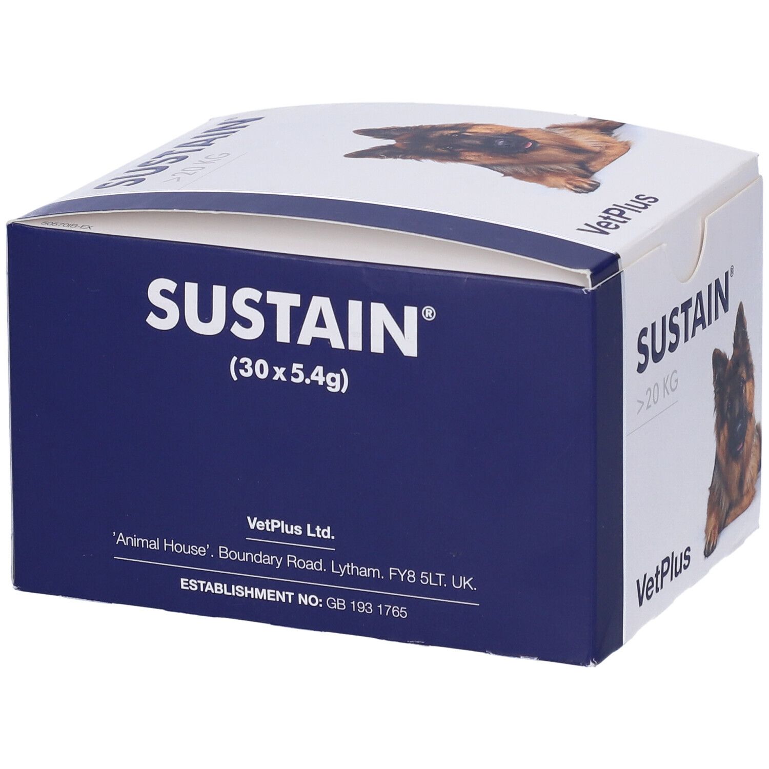 Confezione del prodotto Sustain. Scritta: Sustain (30 x 5.4g), VetPlus. Scatola blu con testo e cane.