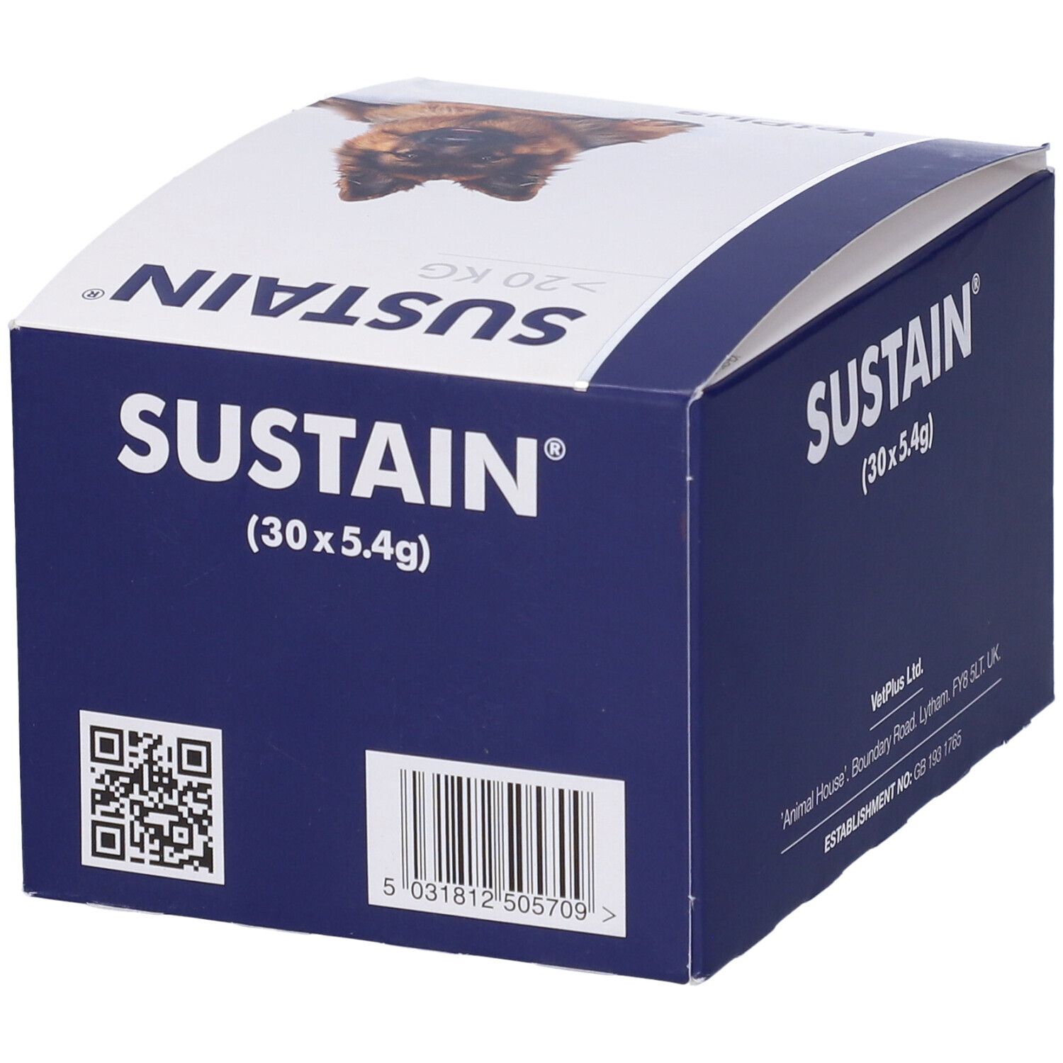 Confezione del prodotto Sustain. Scritta: Sustain (30 x 5.4g), VetPlus. Scatola blu con codice QR e cane.