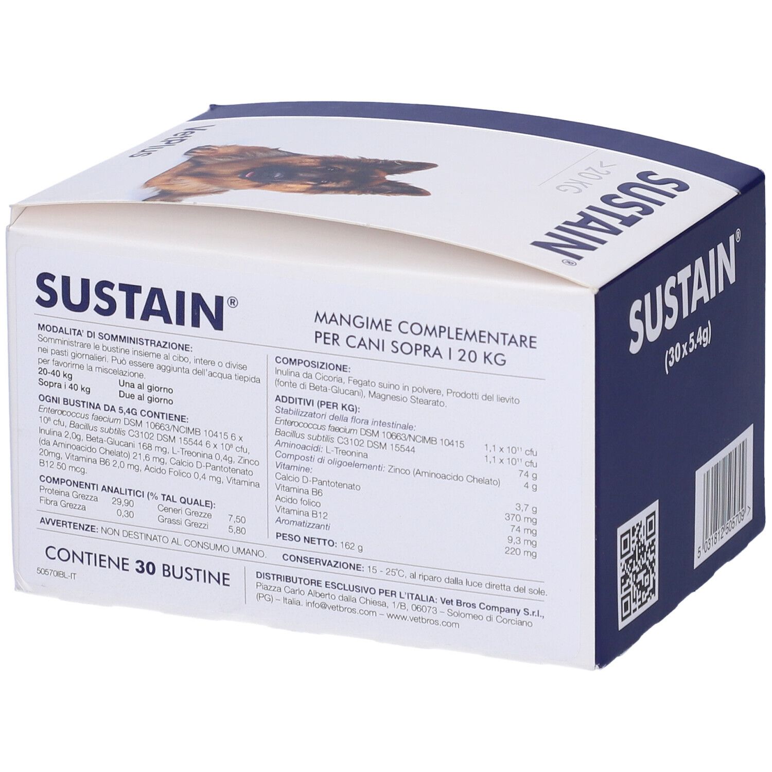 Confezione del prodotto Sustain. Scritta: Sustain (30 x 5.4g), VetPlus. Scatola con testo e cane. Contiene 30 bustine.