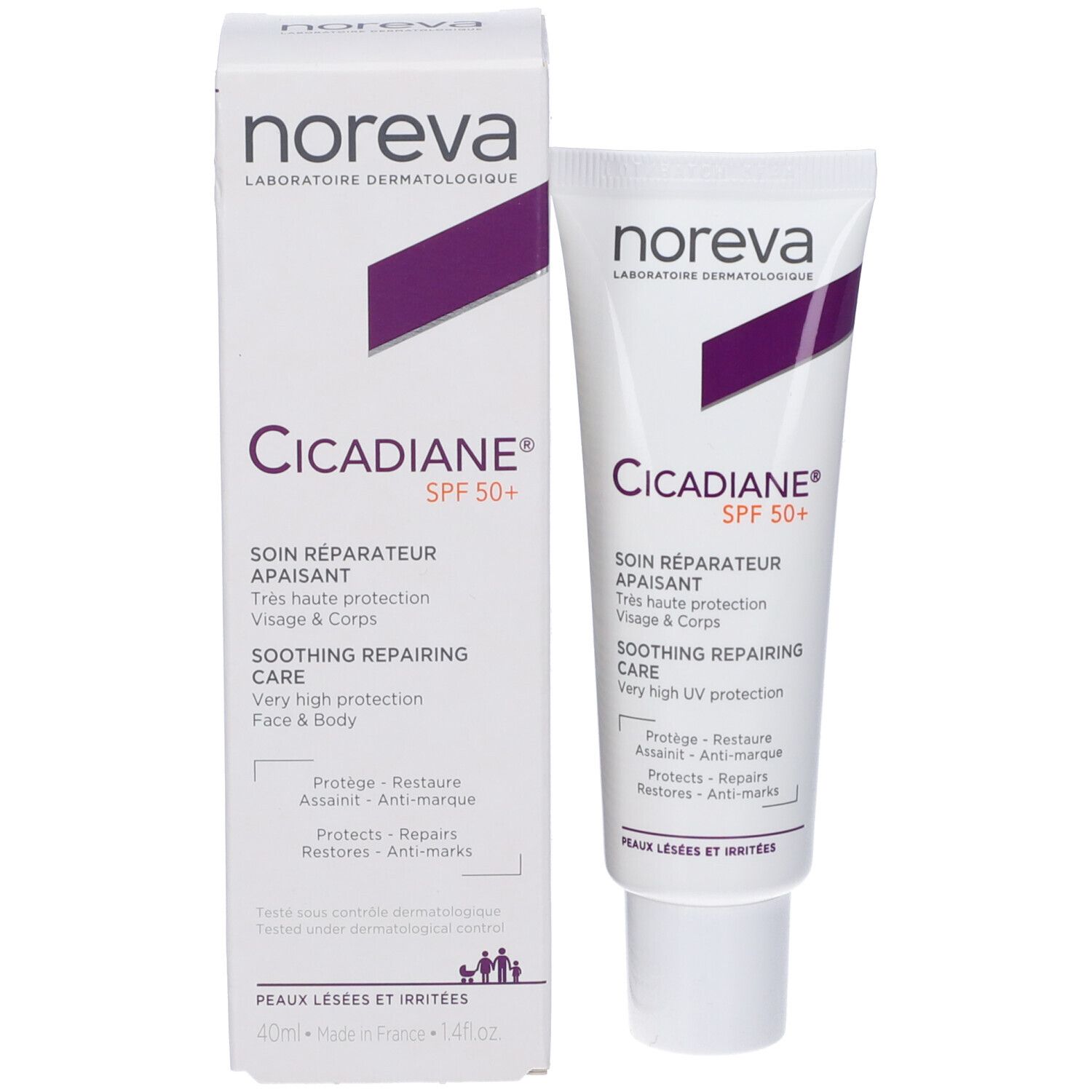 Confezione e tubo del prodotto. Confezione: bianca con accenti viola. Tubo: bianco, nome del prodotto, SPF50+. Marca: Noreva.