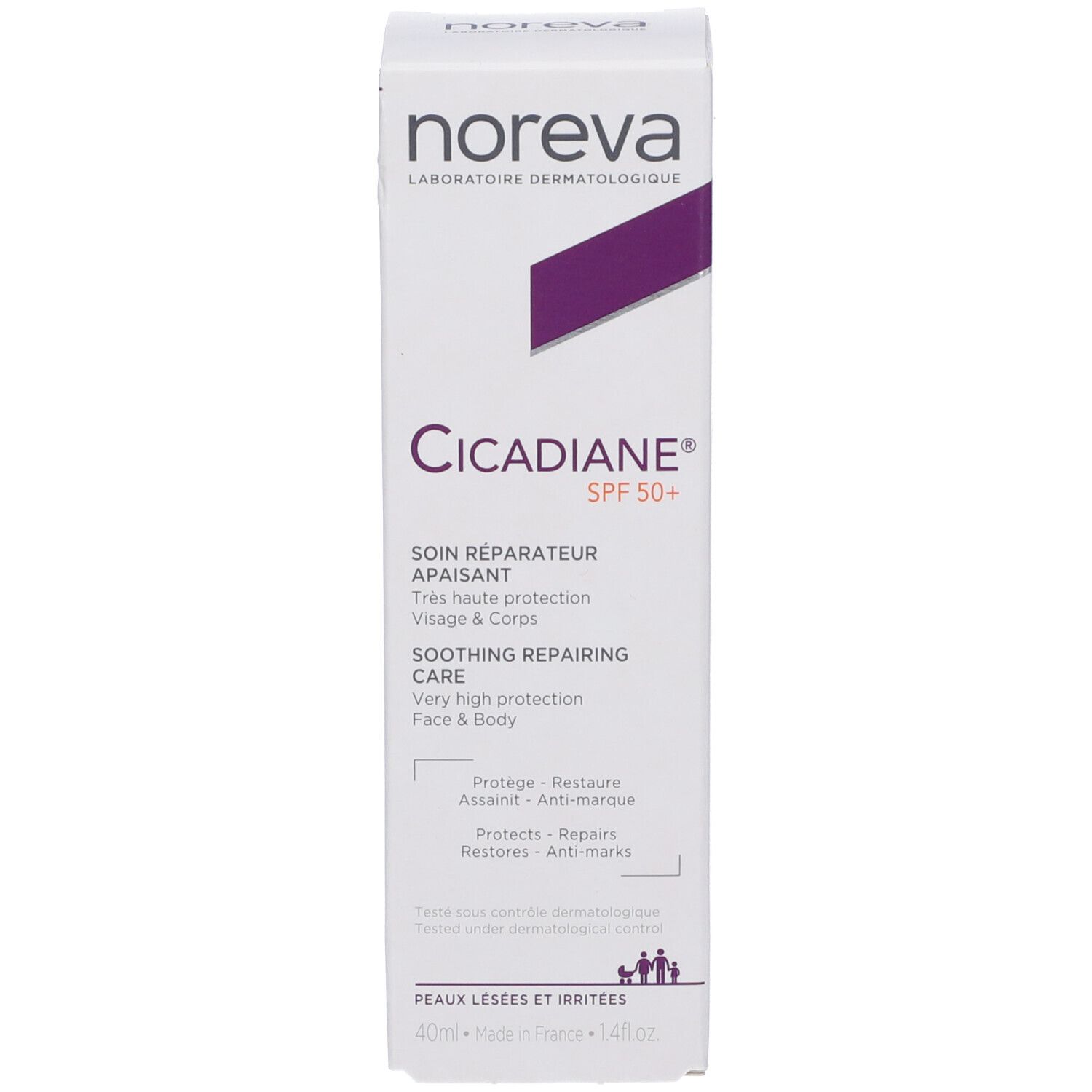 Confezione del prodotto. Bianco con accenti viola. Testo: Cicadiane SPF50+, trattamento riparatore lenitivo. Marca: Noreva. 40ml.