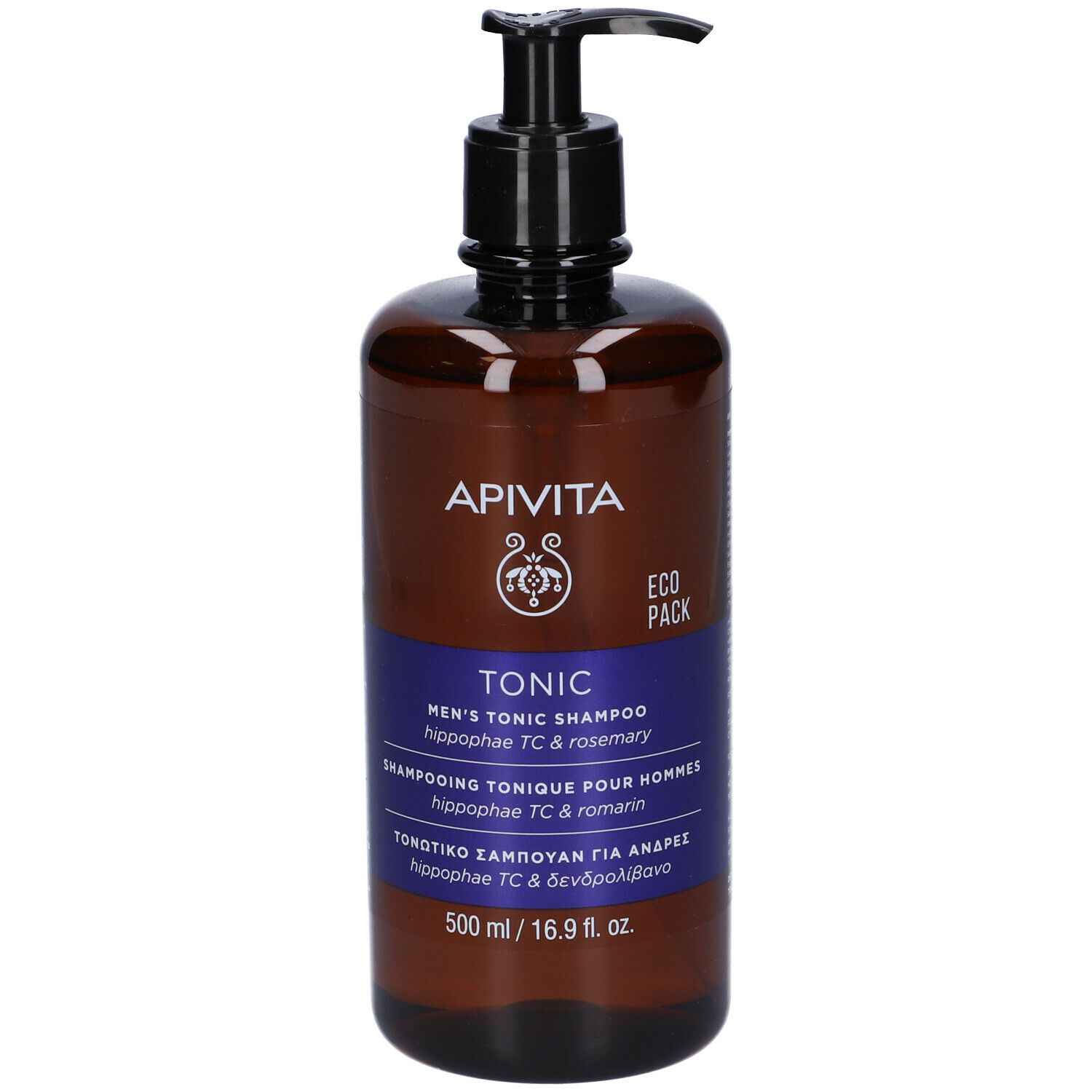 Flacone marrone con dosatore nero. Scritta: APIVITA, TONIC, Men's Tonic Shampoo. 500 ml.