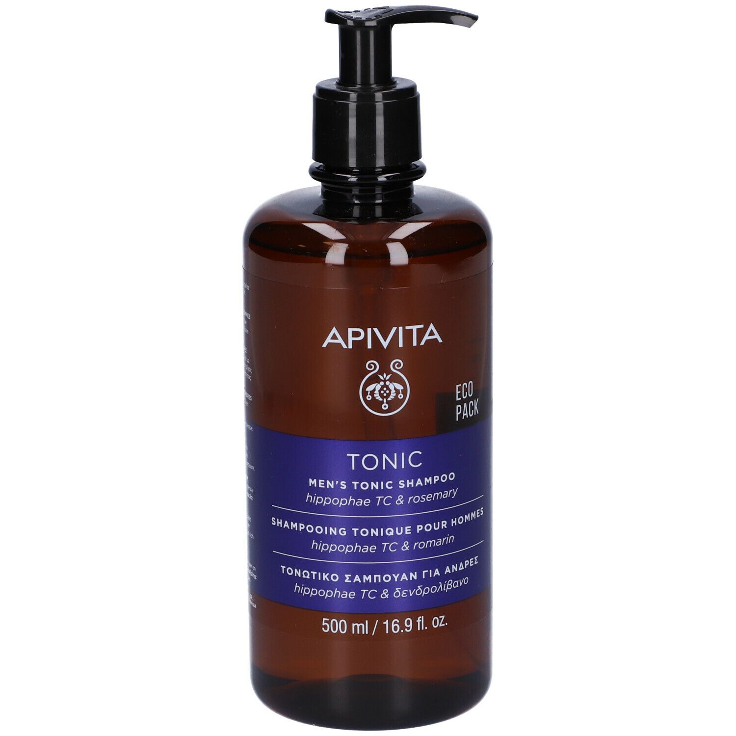 Flacone marrone con dosatore nero. Scritta: APIVITA, TONIC, Men's Tonic Shampoo. 500 ml.