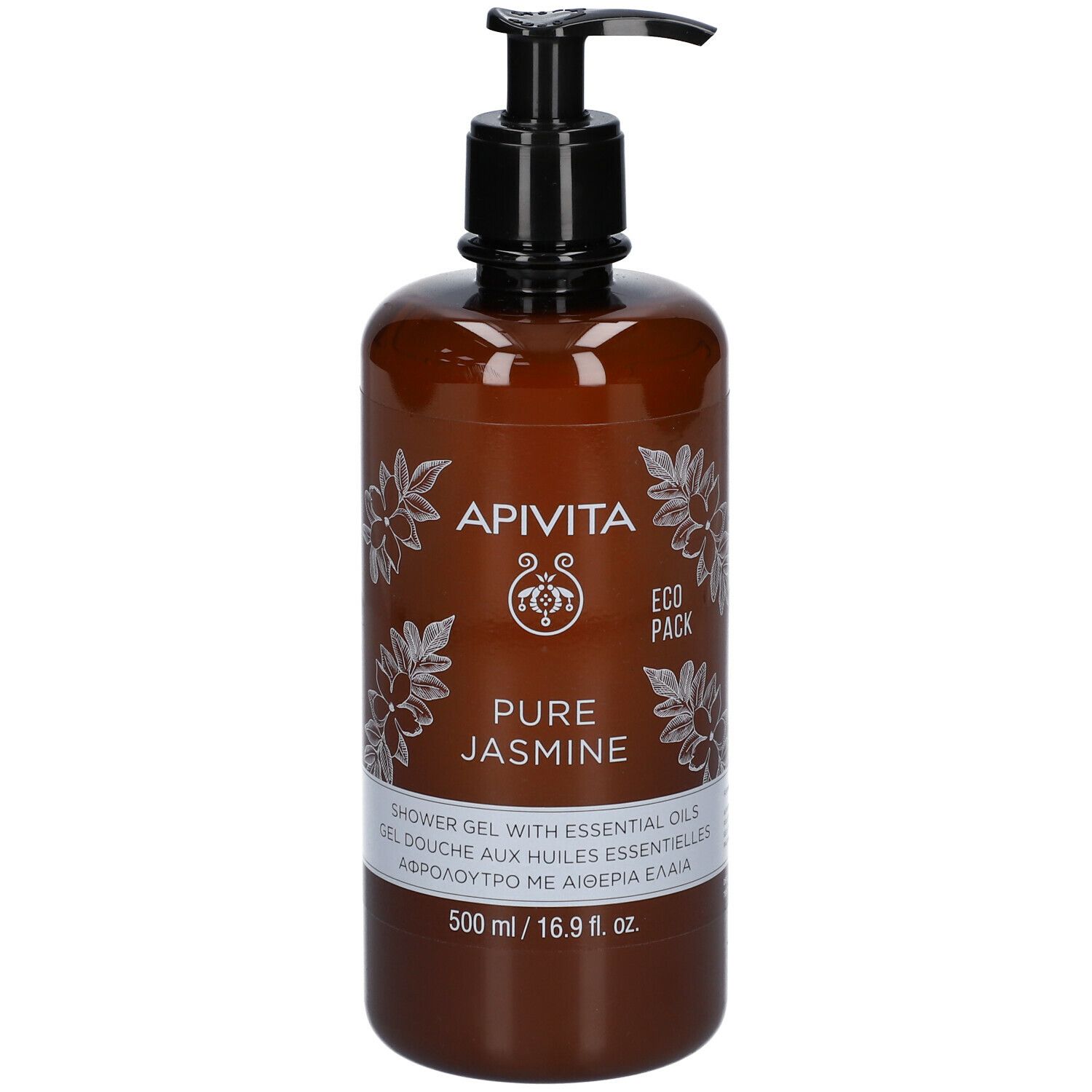 Flacone marrone con dosatore nero. Scritta: APIVITA Pure Jasmine.