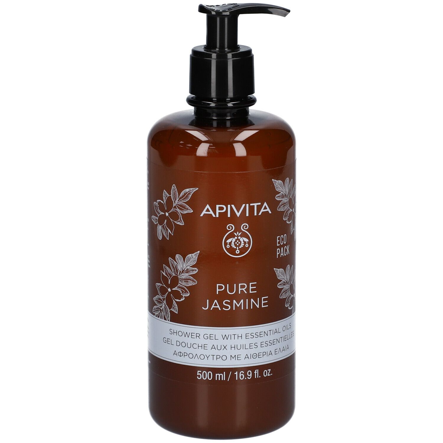 Flacone marrone con dosatore nero. Scritta: APIVITA Pure Jasmine.