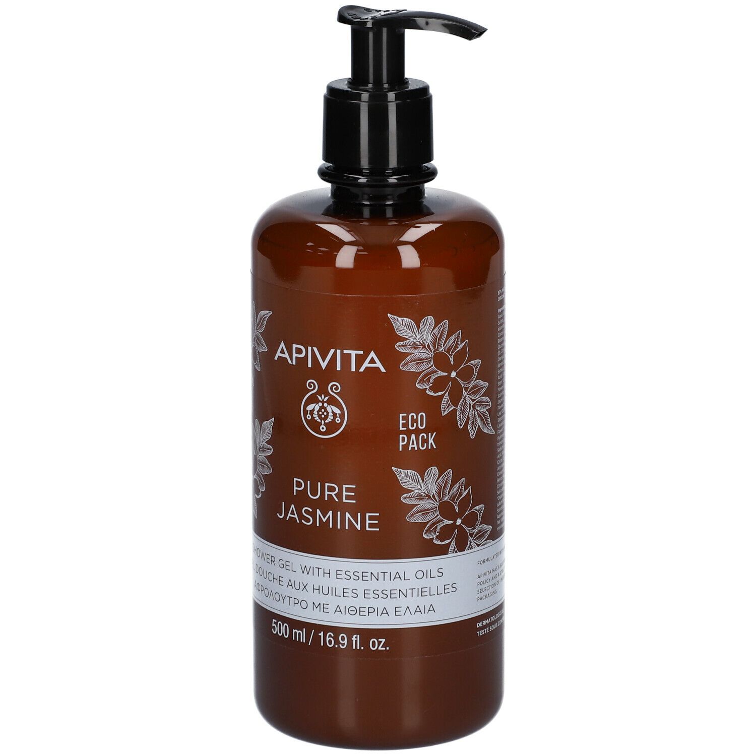 Flacone marrone con dosatore nero. Scritta: APIVITA Pure Jasmine.