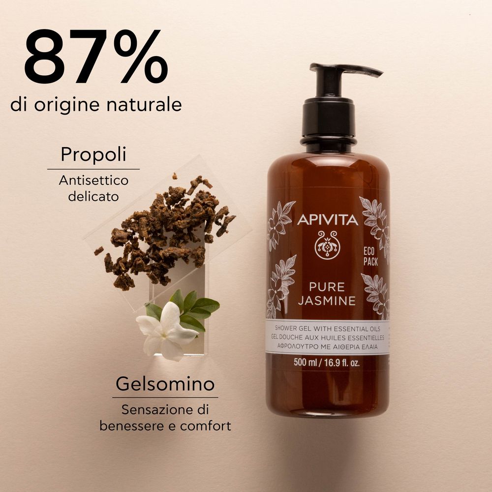 Flacone marrone con dosatore nero. APIVITA Pure Jasmine. Con fiori di gelsomino e propoli.