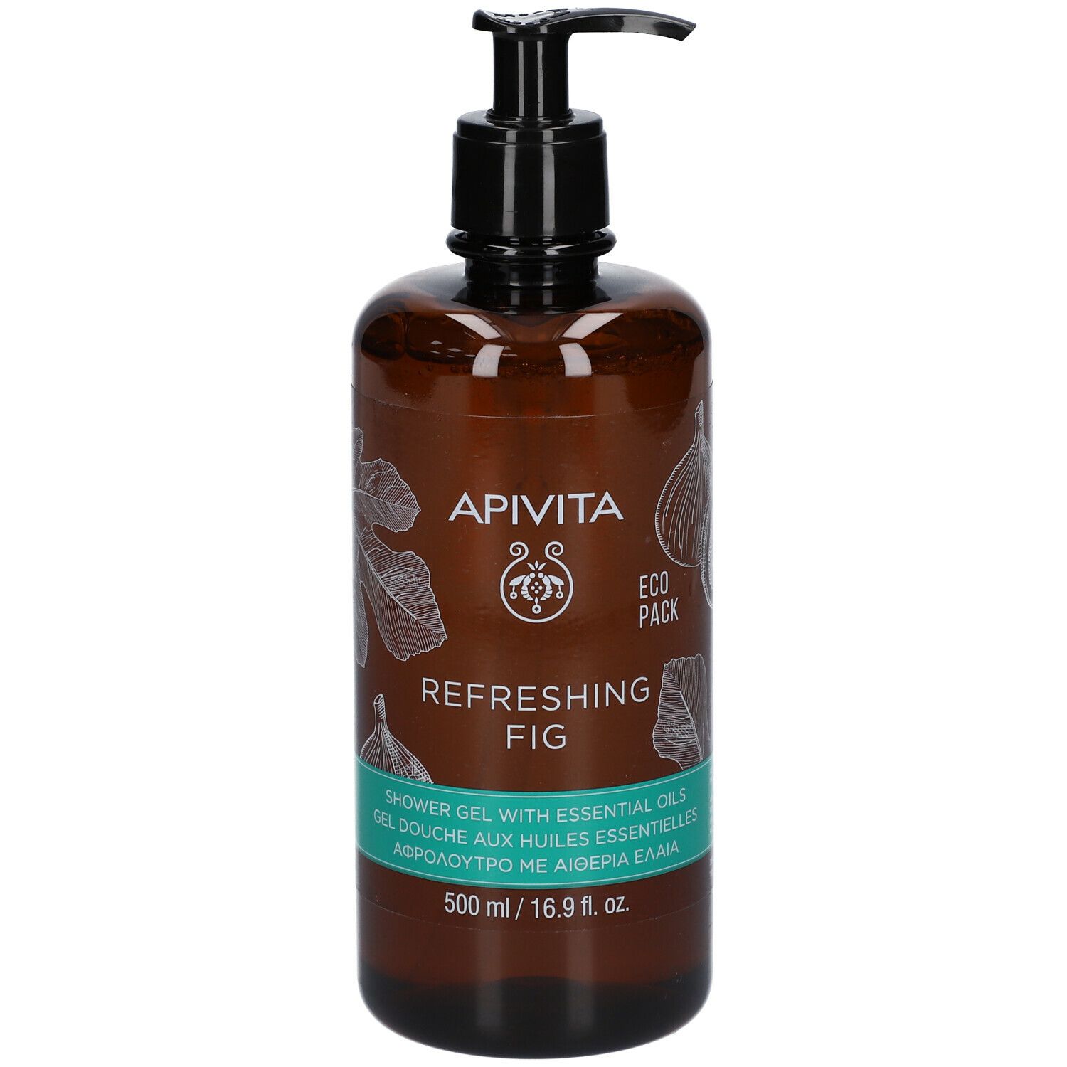 Flacone marrone con dosatore nero. Scritta: APIVITA, Refreshing Fig. Etichetta verde e bianca. 500 ml.