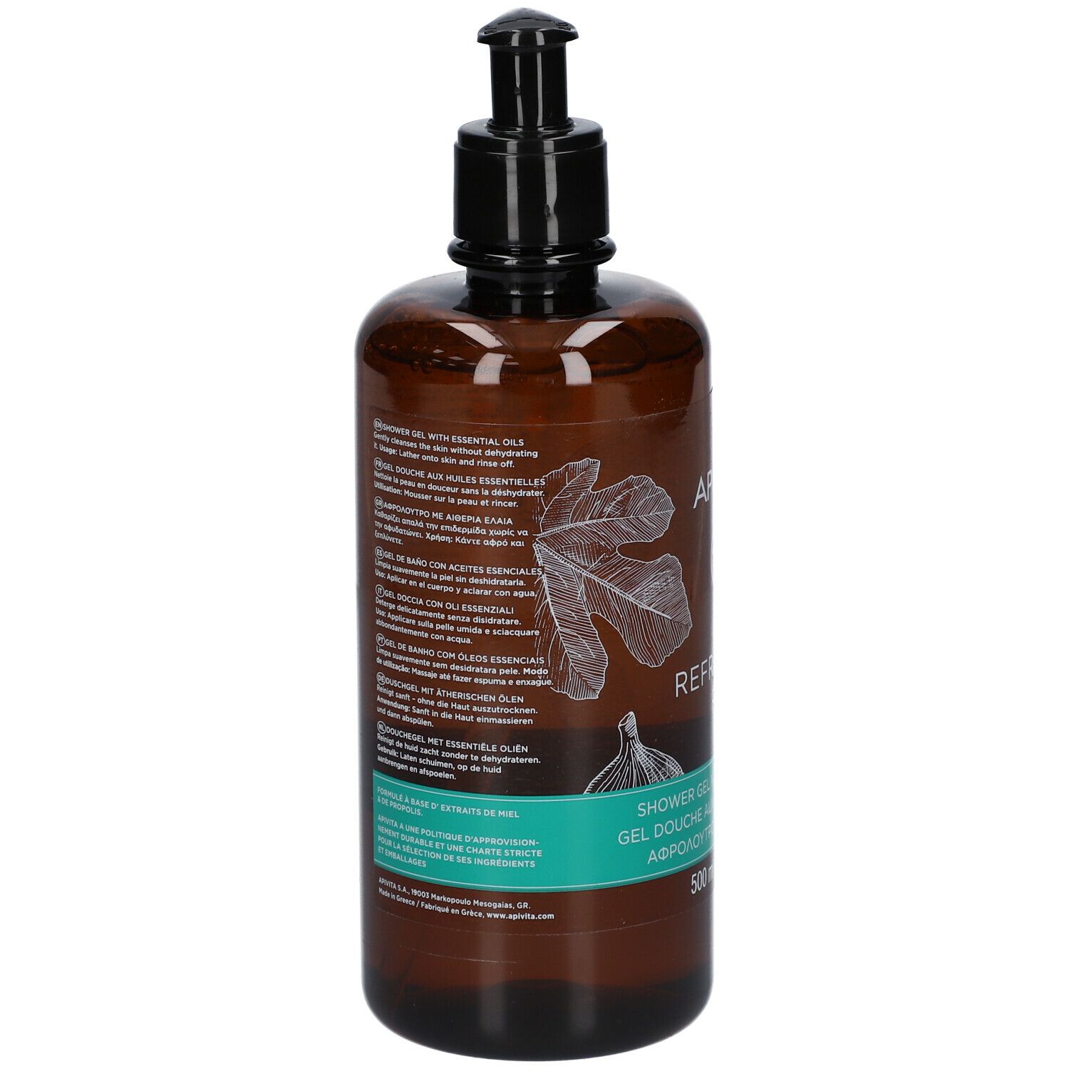 Flacone marrone con dosatore nero. Scritta: APIVITA, Refreshing Fig. Etichetta verde e bianca. 500 ml. Retro.