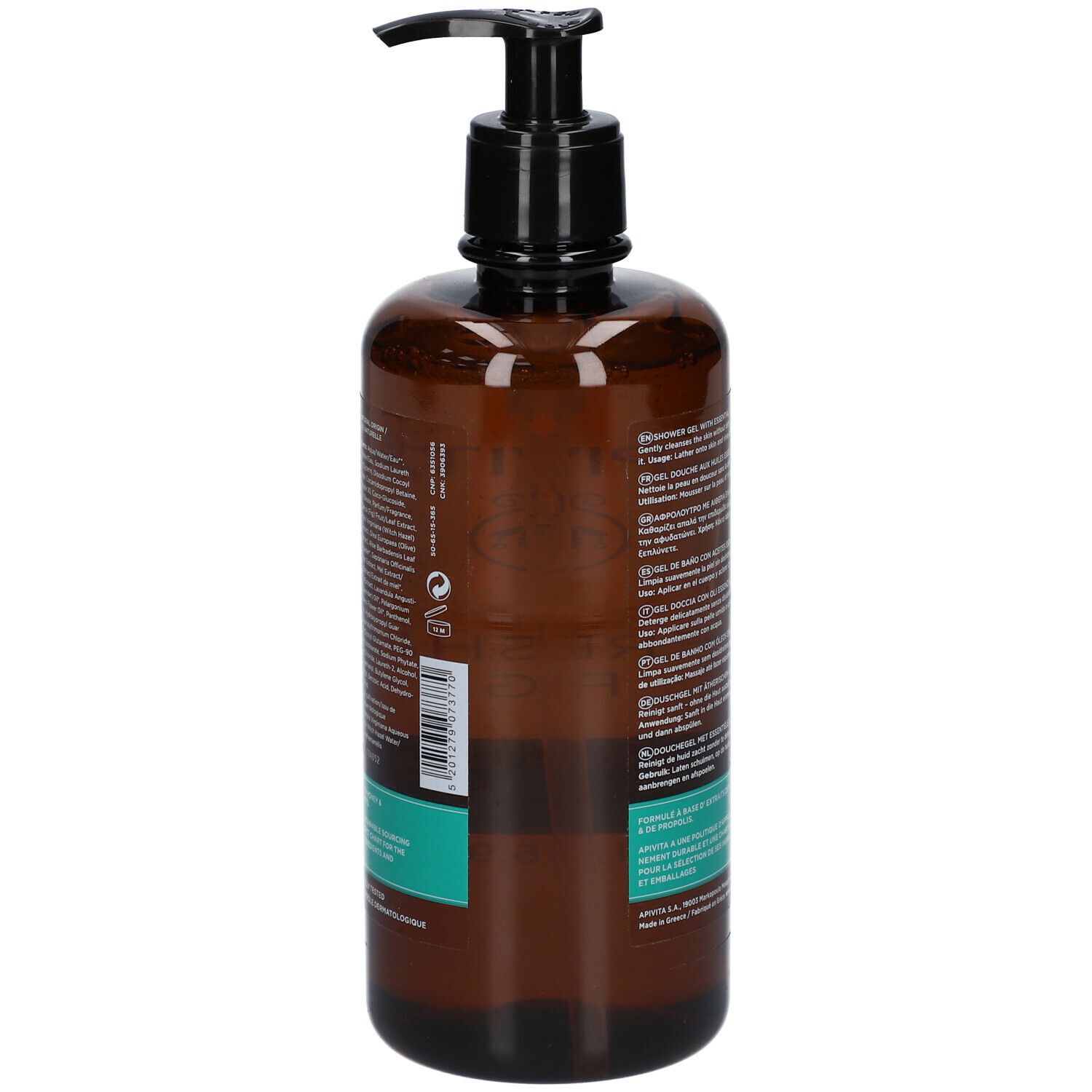 Flacone marrone con dosatore nero. Scritta: APIVITA, Refreshing Fig. Etichetta verde e bianca. 500 ml. Retro.