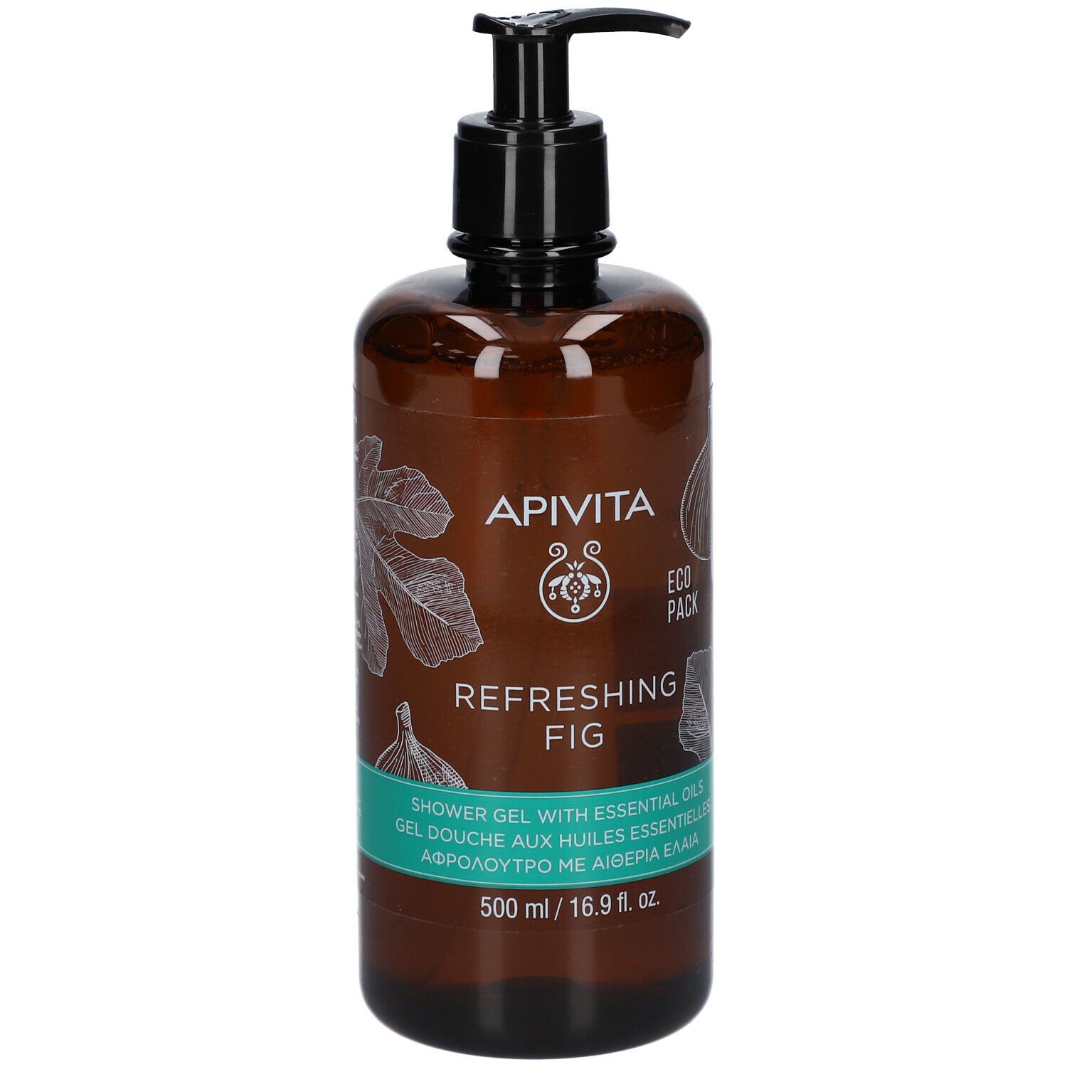 Flacone marrone con dosatore nero. Scritta: APIVITA, Refreshing Fig. Etichetta verde e bianca. 500 ml.
