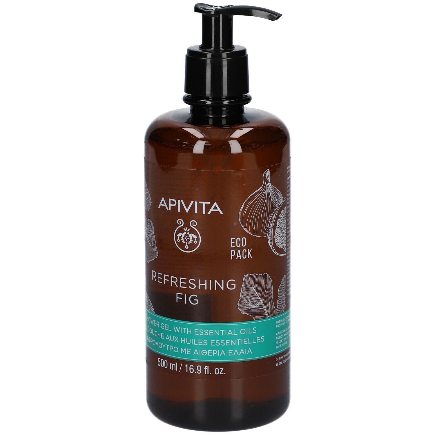 Flacone marrone con dosatore nero. Scritta: APIVITA, Refreshing Fig. Etichetta verde e bianca. 500 ml.