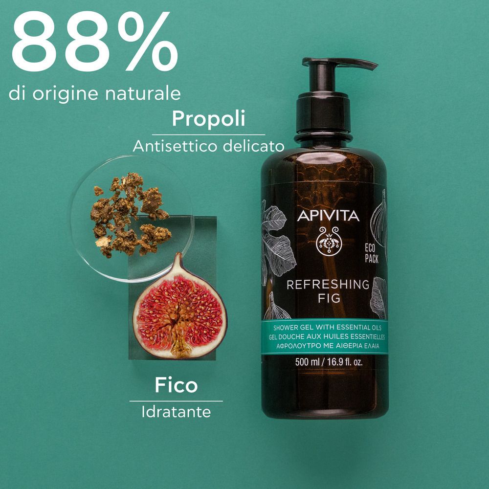 Flacone e ingredienti. Testo: 88% di origine naturale, Fico, Propoli. Flacone: APIVITA, Refreshing Fig. Etichetta. 500 ml.