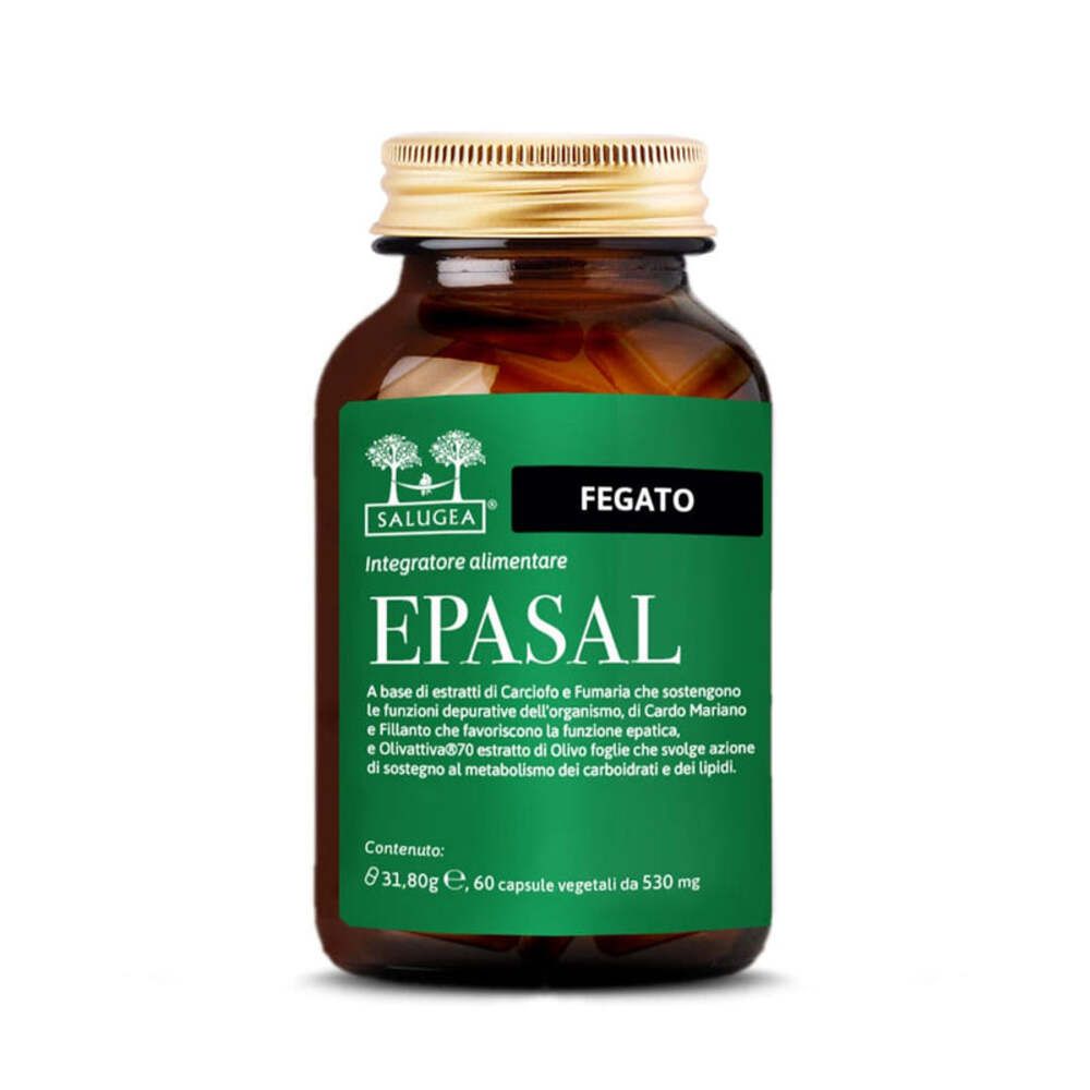 Flacone di vetro marrone con etichetta verde. Testo: EPASAL, Fegato, Salugea. Capsule.