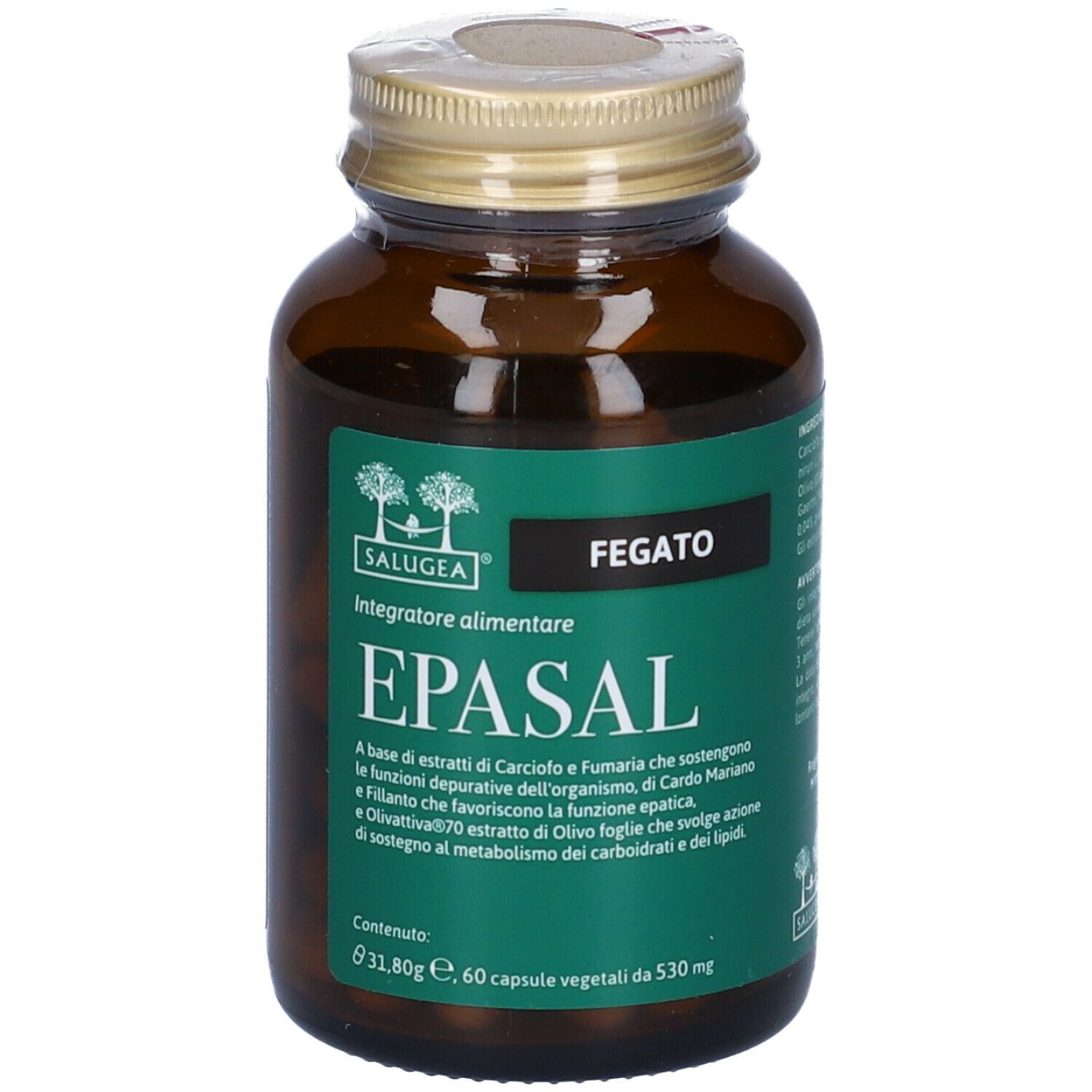 Flacone di vetro marrone con etichetta verde. Testo: EPASAL, Fegato, Salugea. Capsule.
