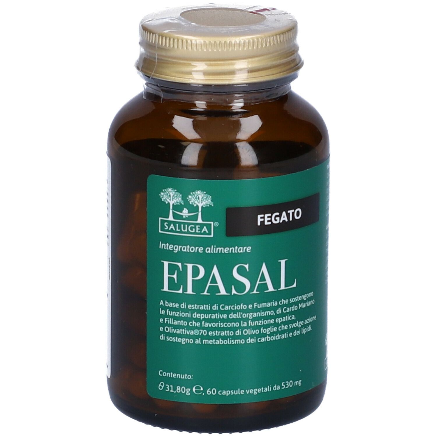 Flacone di vetro marrone con etichetta verde. Testo: EPASAL, Fegato, Salugea. Capsule.
