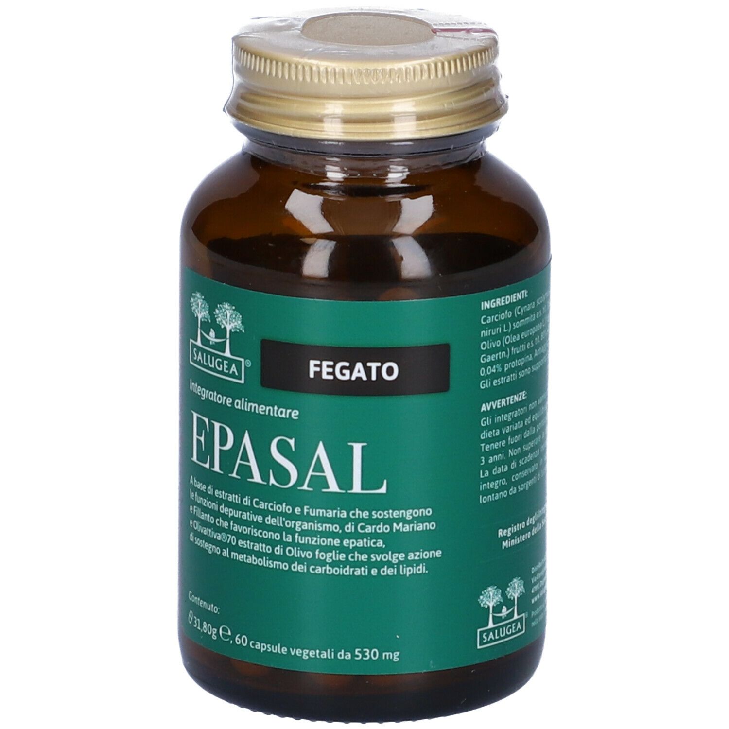 Retro del flacone. Testo: EPASAL, Fegato, Salugea. Ingredienti, avvertenze.