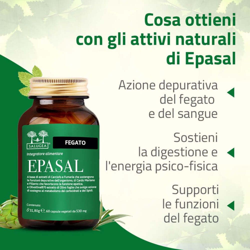 Flacone di vetro marrone con etichetta verde. Testo: EPASAL, Fegato, Salugea. Capsule.
