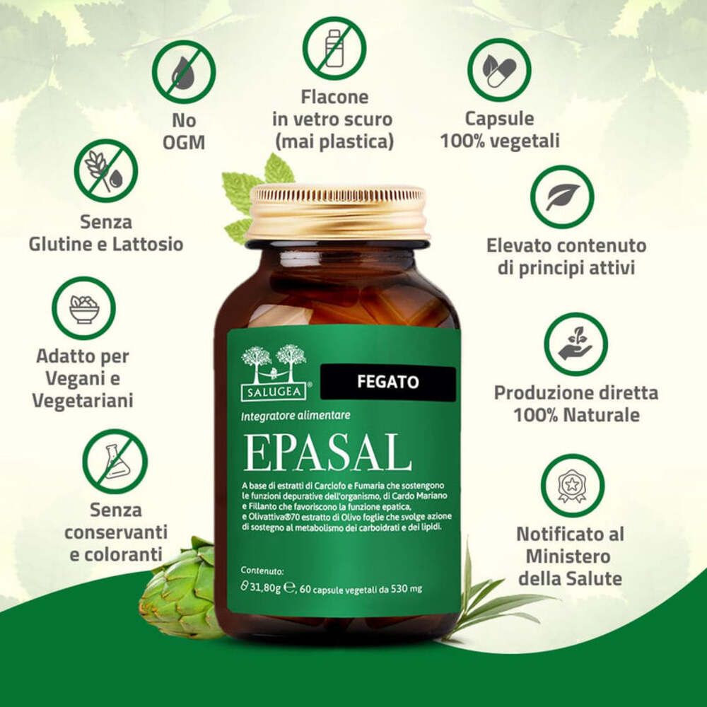 Flacone di vetro marrone con etichetta verde. Testo: EPASAL, Fegato, Salugea. Capsule.