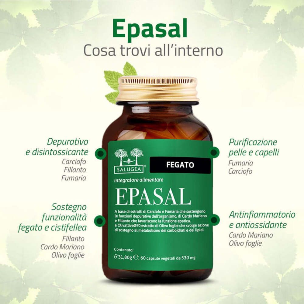 Flacone di vetro marrone con etichetta verde. Testo: EPASAL, Fegato, Salugea. Capsule.