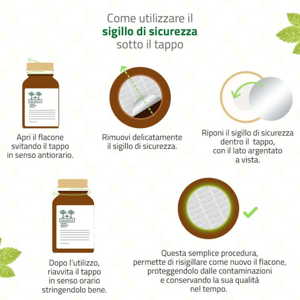 Istruzioni per aprire e chiudere il flacone. Flacone marrone, tappo argentato.