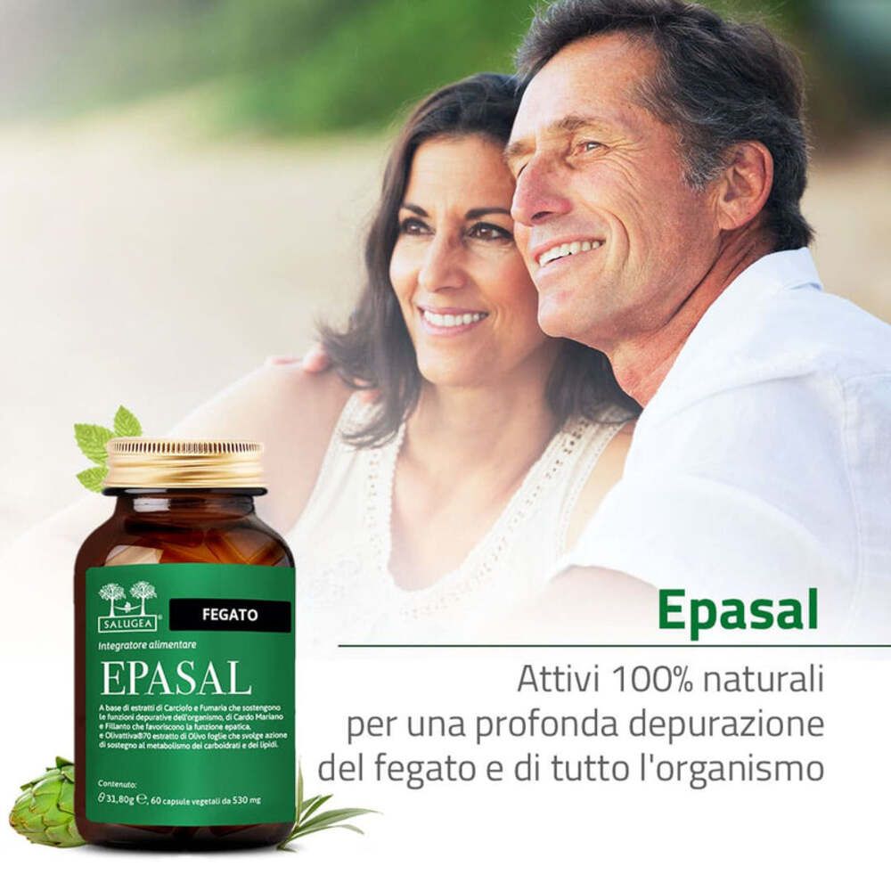 Coppia sorridente. Flacone marrone con etichetta verde. Testo: EPASAL, Fegato, Salugea. Capsule.