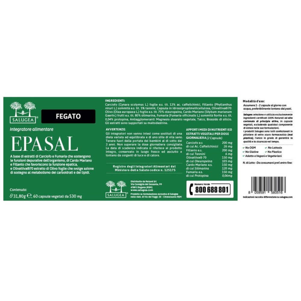 Retro del flacone. Testo: EPASAL, Fegato, Salugea. Ingredienti, dosaggio, avvertenze.