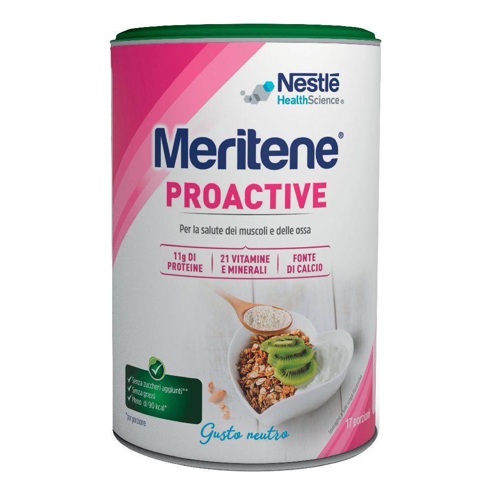 Barattolo Nestlé Meritene Proactive. Design rosa e bianco, coperchio verde. Testo: 11g proteine, 21 vitamine, fonte di calcio. Gusto neutro.