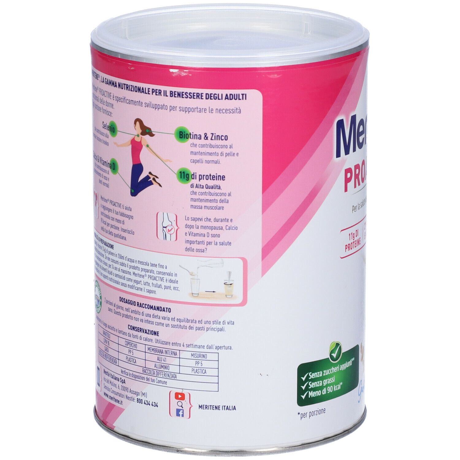 Retro del barattolo Nestlé Meritene Proactive. Contiene informazioni sulla preparazione e gli ingredienti. Design rosa e bianco.