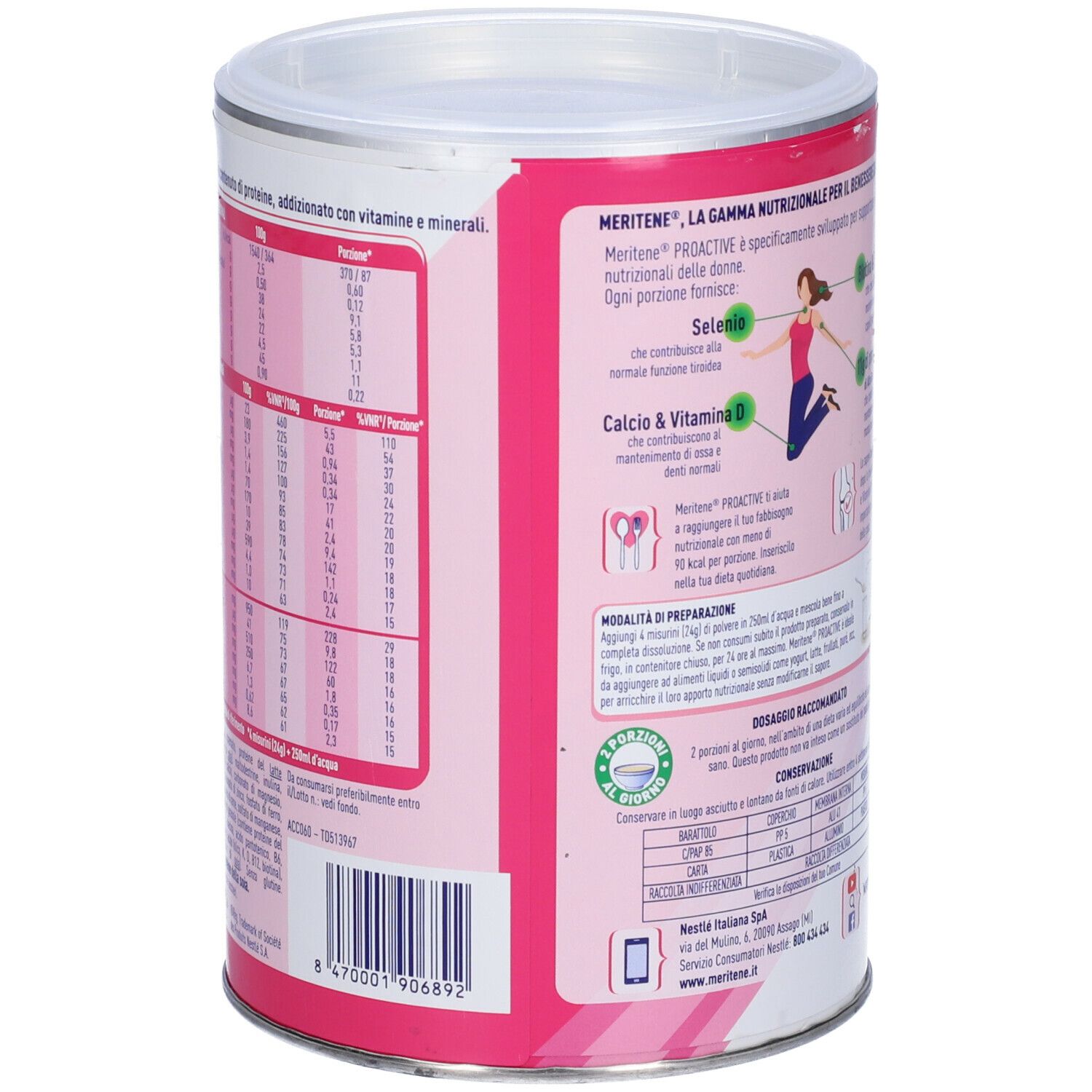 Retro del barattolo Nestlé Meritene Proactive. Contiene informazioni sulla preparazione e gli ingredienti. Design rosa e bianco.