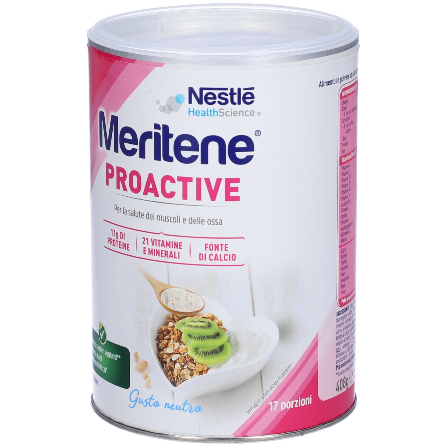 Barattolo Nestlé Meritene Proactive. Design rosa e bianco, coperchio verde. Testo: 11g proteine, 21 vitamine, fonte di calcio. Gusto neutro.