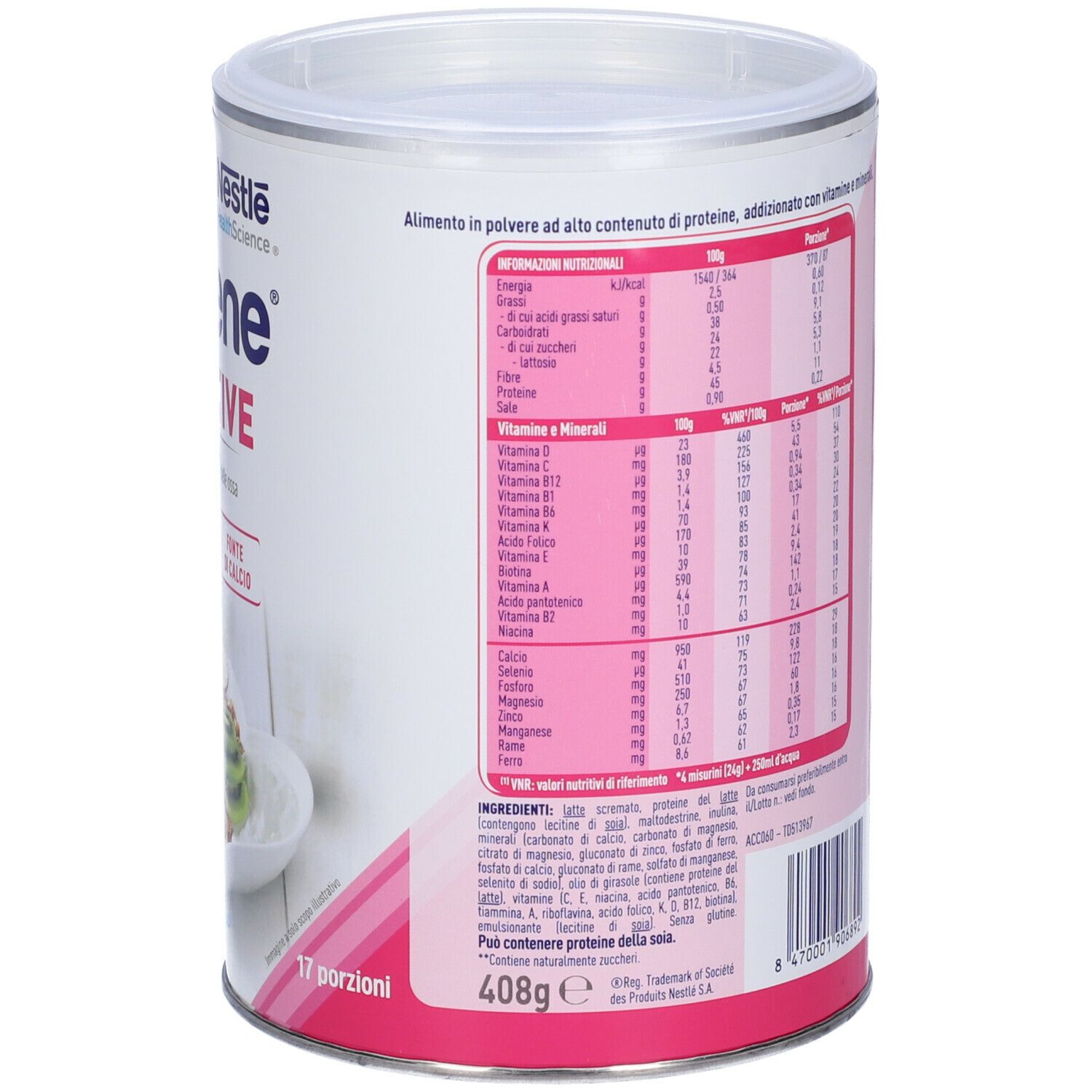 Retro del barattolo Nestlé Meritene Proactive. Contiene informazioni sulla preparazione e gli ingredienti. Design rosa e bianco.