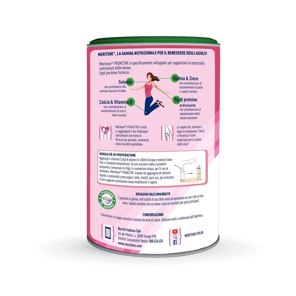 Retro del barattolo Nestlé Meritene Proactive. Contiene informazioni sulla preparazione e gli ingredienti. Design rosa e bianco.