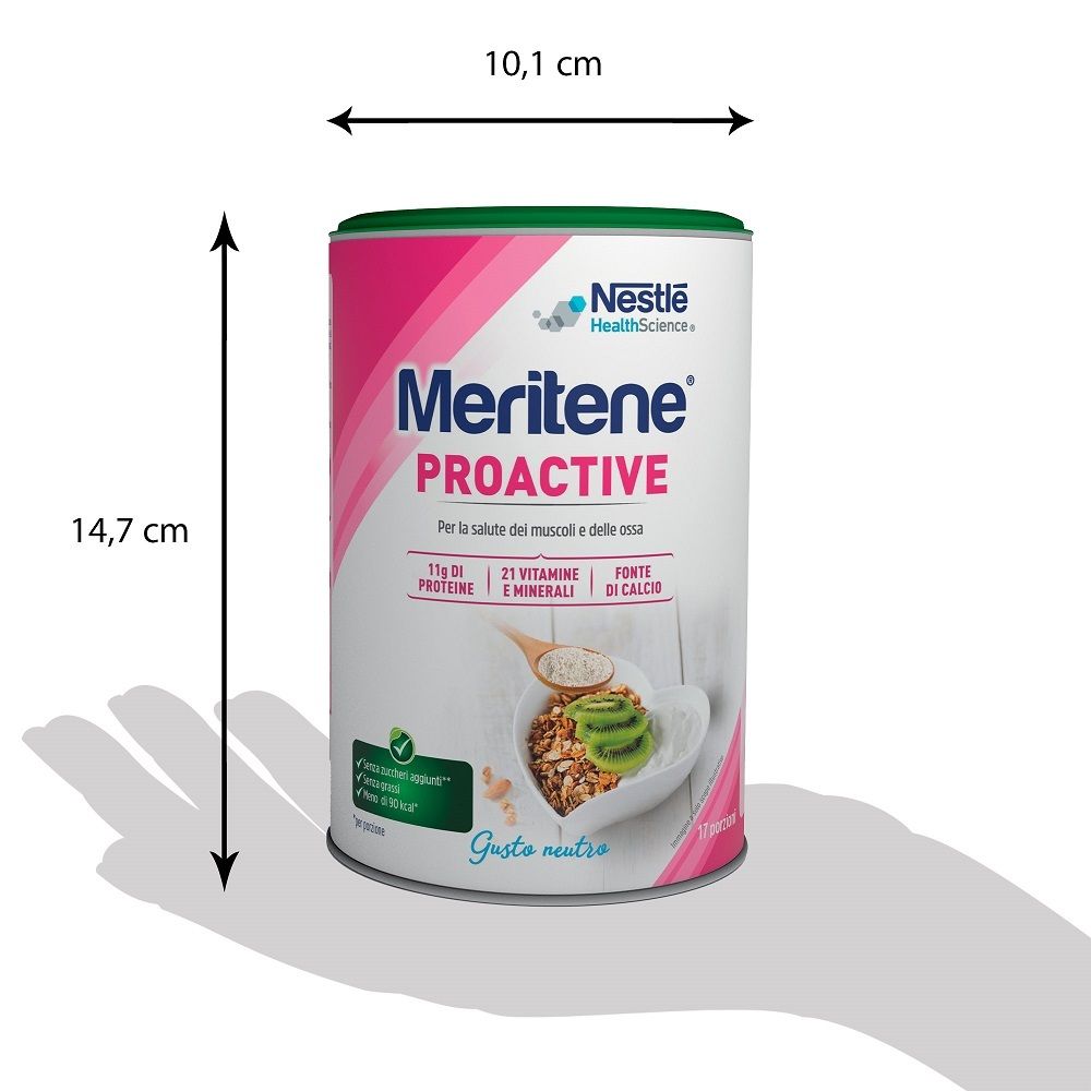 Barattolo Nestlé Meritene Proactive, con misure. Altezza 14,7 cm, diametro 10,1 cm. Design rosa e bianco, coperchio verde.