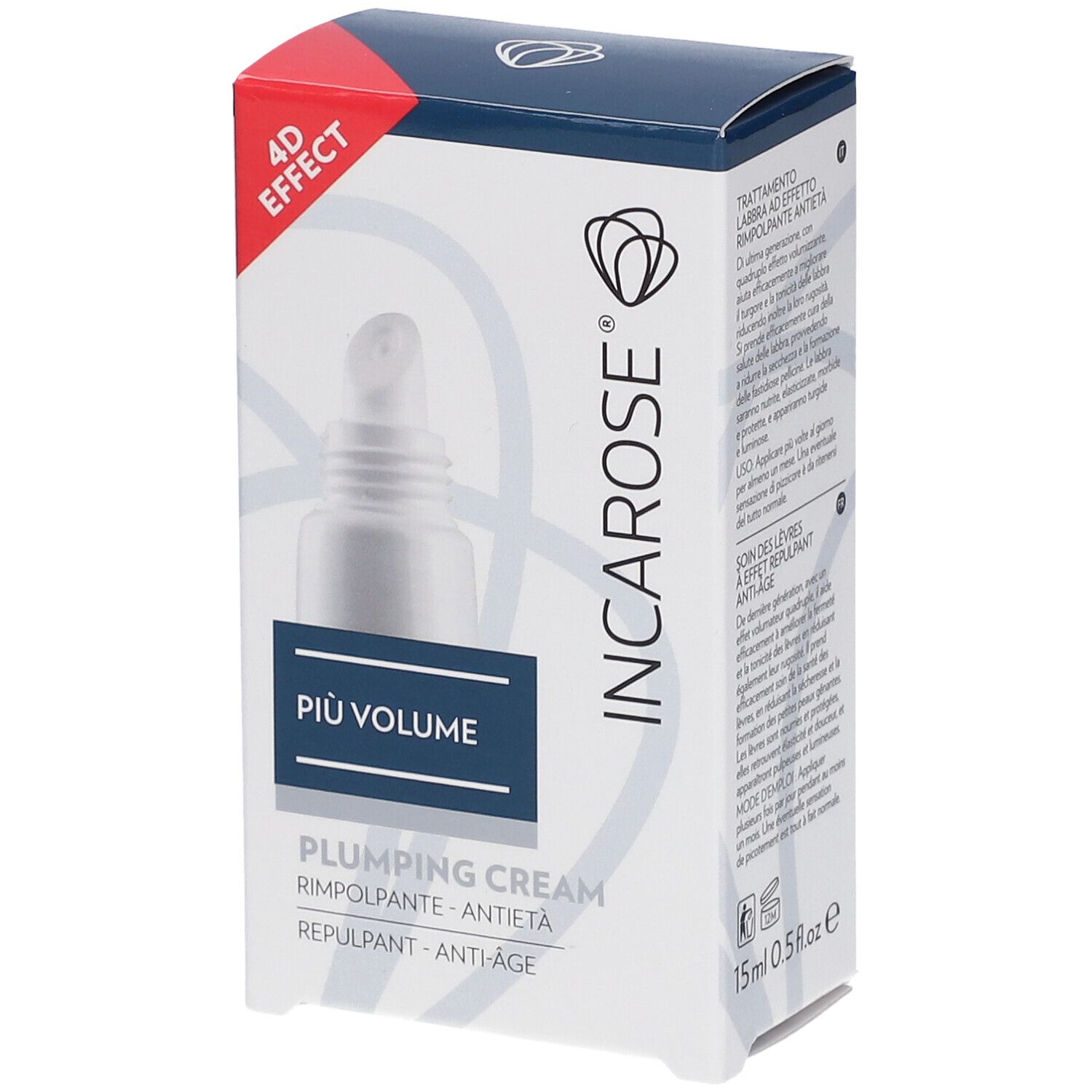 Confezione e tubo. Confezione con immagine labbra, scritta: INCAROSE, 4D EFFECT, Più Volume, Plumping Cream.