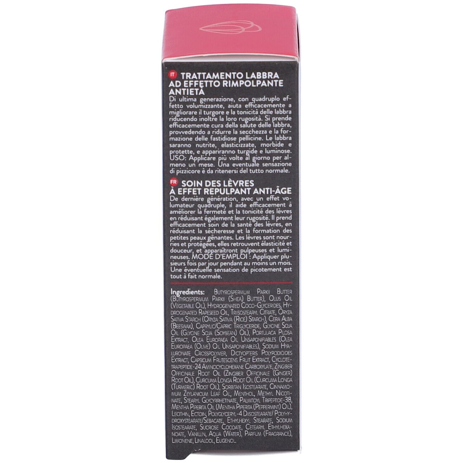Confezione, testo multilingue: Istruzioni per l'uso, ingredienti. Colori rosso e nero.