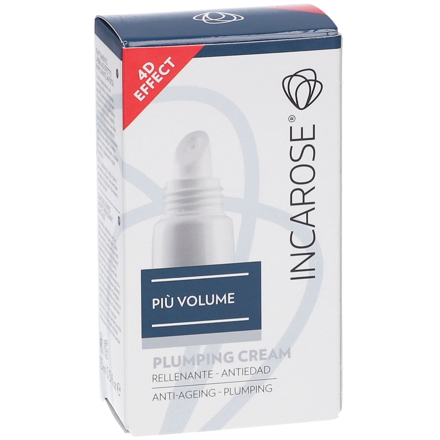 Confezione con immagine labbra, scritta: INCAROSE, 4D EFFECT, Più Volume, Plumping Cream. Sfondo bianco.