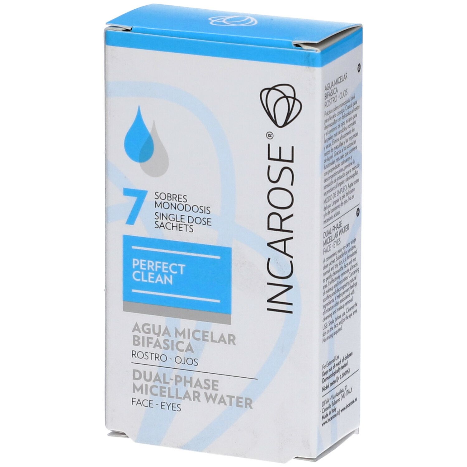 Confezione con informazioni prodotto. Scritta: INCAROSE®, Perfect Clean, Agua Micelar Bifasica, Dual-Phase Micellar Water. 7 bustine.