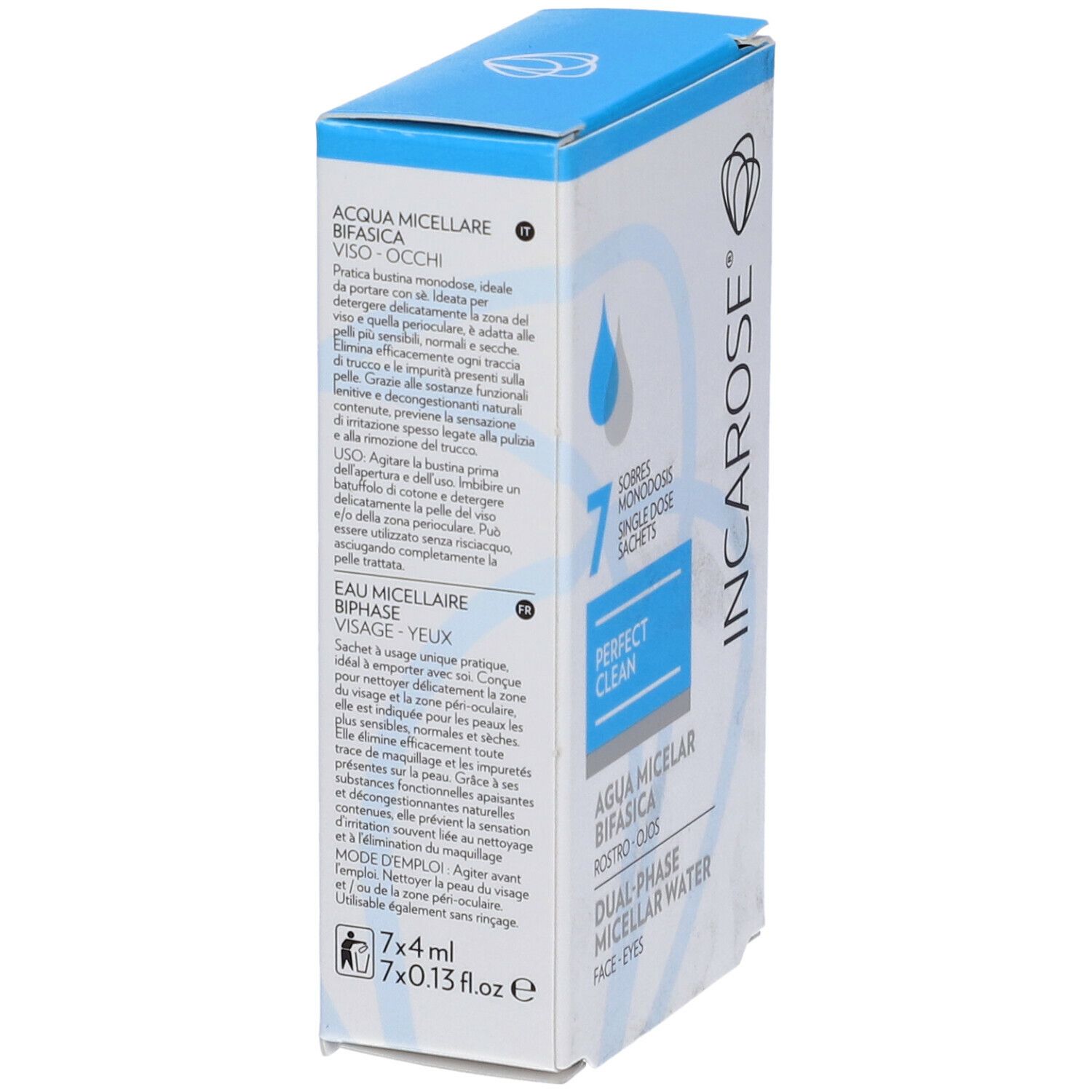 Confezione con informazioni prodotto. Scritta: INCAROSE®, Perfect Clean, Agua Micelar Bifasica, Dual-Phase Micellar Water. 7x4ml.