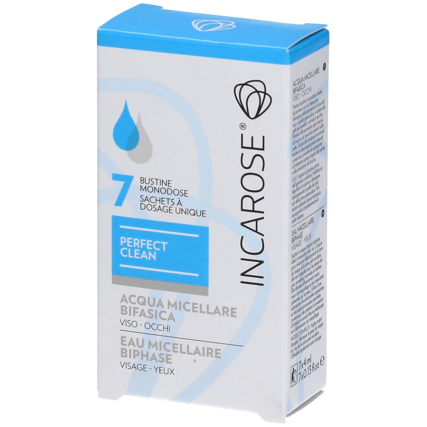 Confezione con informazioni prodotto. Scritta: INCAROSE®, Perfect Clean, Agua Micelar Bifasica, Dual-Phase Micellar Water. 7 bustine.