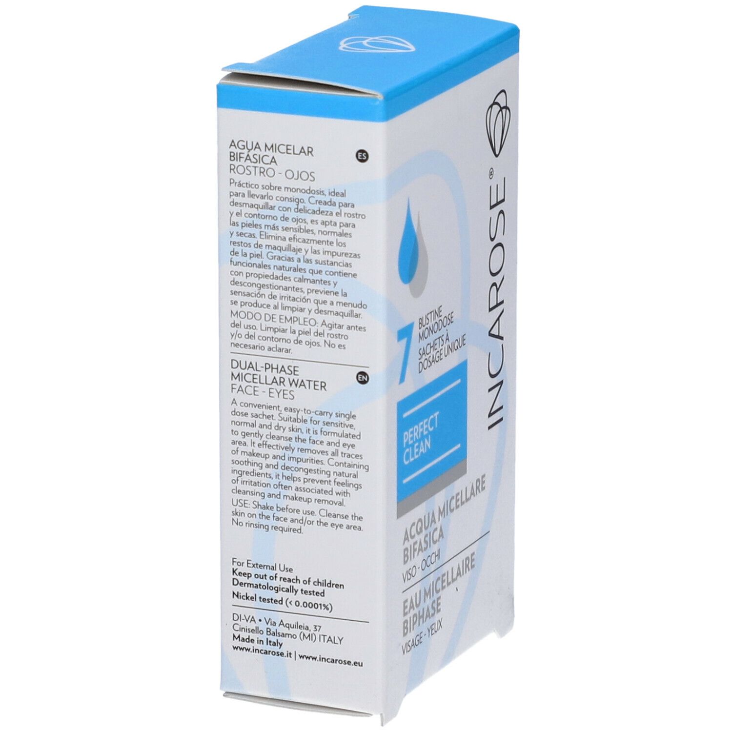 Confezione con informazioni prodotto. Scritta: INCAROSE®, Perfect Clean, Agua Micelar Bifasica, Dual-Phase Micellar Water. 7 bustine.