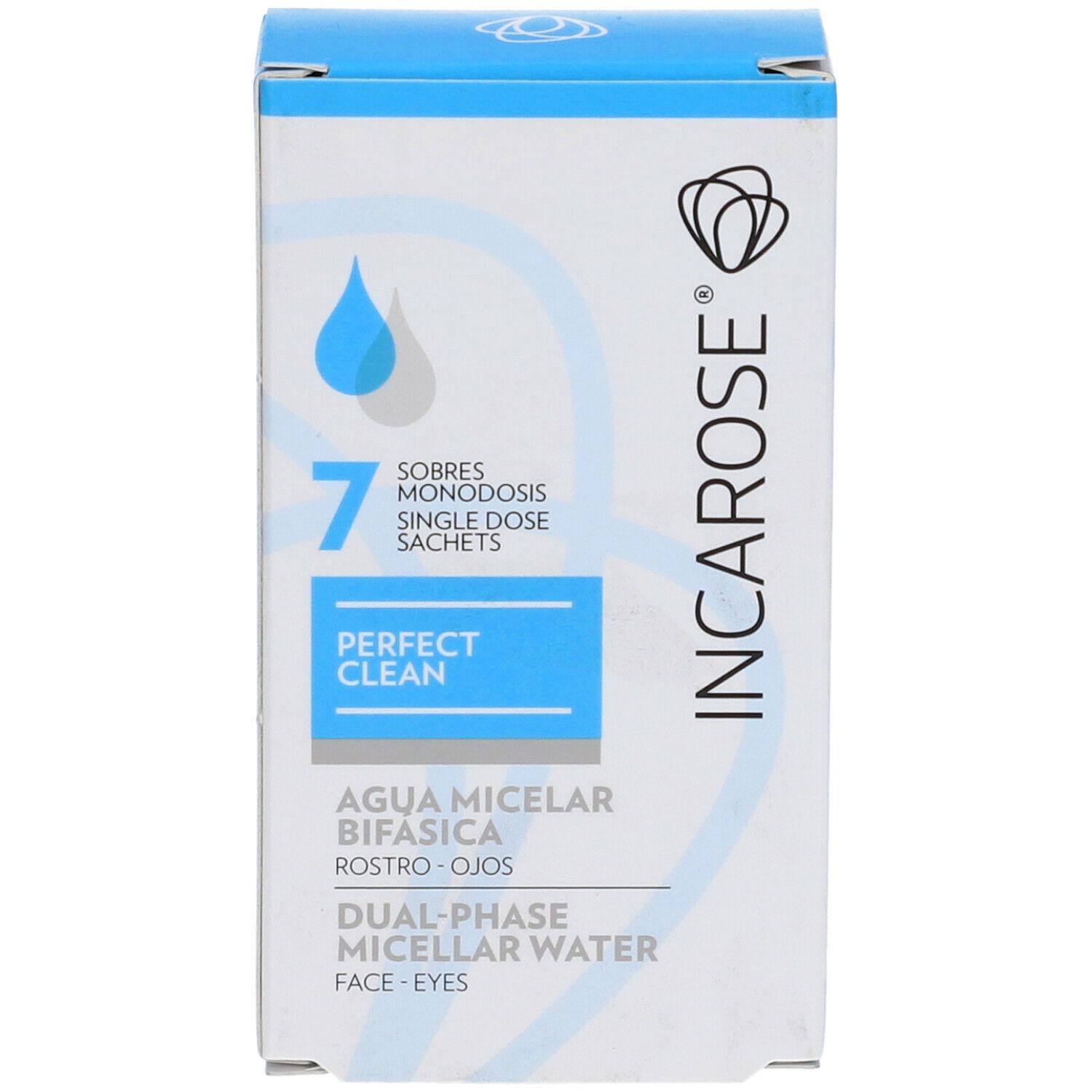 Confezione con informazioni prodotto. Scritta: INCAROSE®, Perfect Clean, Agua Micelar Bifasica, Dual-Phase Micellar Water. 7 bustine.