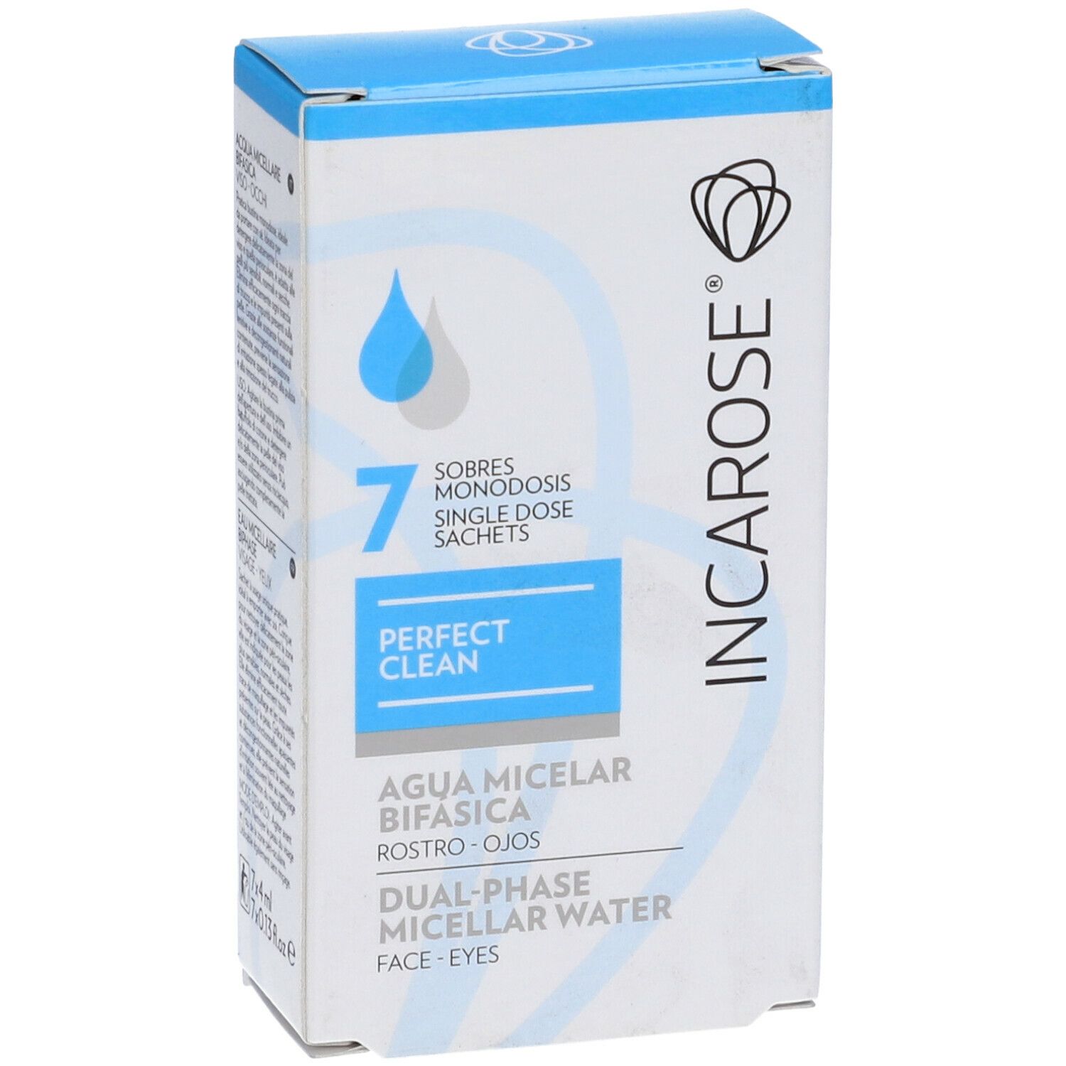 Confezione con informazioni prodotto. Scritta: INCAROSE®, Perfect Clean, Agua Micelar Bifasica, Dual-Phase Micellar Water. 7 bustine.