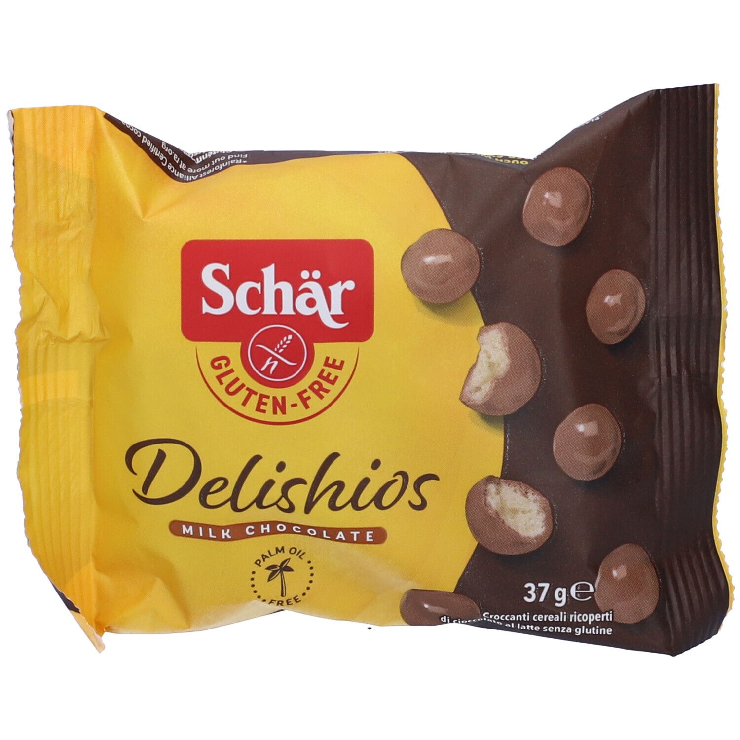 Confezione gialla con logo Schär e scritta Delishios. Cereali senza glutine ricoperti di cioccolato al latte, parzialmente visibili.