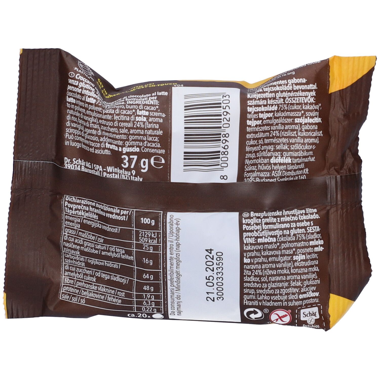 Retro della confezione con testo e informazioni nutrizionali. Contiene informazioni sugli ingredienti e il produttore.