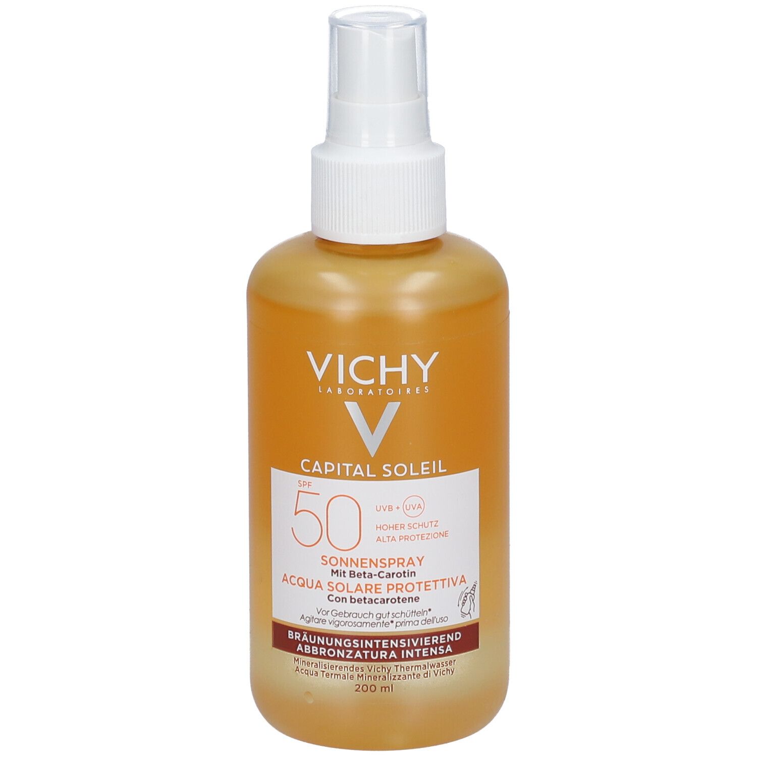 Vichy Capital Soleil Sonnenspray braun LSF 50. Flasche mit Sprühkopf. Aufschrift: Sonnenspray, Acqua Solare Protettiva.